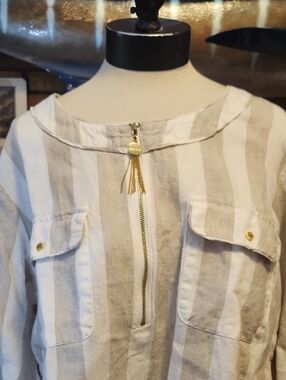 Ellen Tracy White & Beige Striped Linen Top Size 2X Resort Wear Summer Beach